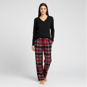La-V pyjamaset voor dames met geruite flanel broek en V hals met kant contrast Zwart/Rood S