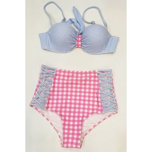 Exclusieve blauwe met roze gestreepte bikini - hight waist - maat S