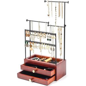 In hoogte verstelbare sieradenstandaard - sieradenhouder - oorbelhouder - halskettinghouder - sieradenkast met 2 laden - halskettinghouder voor armbanden en ringen - zwart