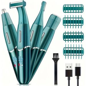 4in1 One-Blade Scheerapparaat - Digitale One-Blade Shaver + 3 Kopstukken voor Gezichtshaar, Hoofdhaar en Lichaamshaar - Perfecte Lichaamshaar Verzorging voor Dames en Heren - Kleur: Groen