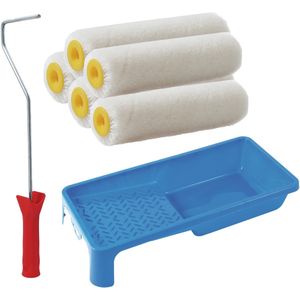 Sorex pluisvrije verfrollers schilderen set - met beugel en verfbak - 5x anti spat vacht rollers - pluisvrij - breedte 10 cm - dikte 2.5 cm