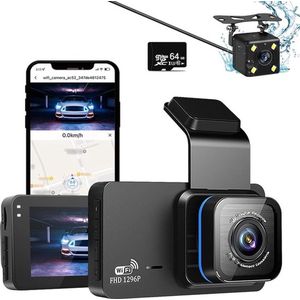 Dashcam - 1296p HD - 140 Graden gezichtsveld - 64GB sd kaart - Achteruitrijhulp - Nacht zicht - Loop opname - Wifi- en app-bediening - GPS-functie - 3inch - Zwart -