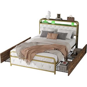 Merax Tweepersoonsbed 140x200 cm – Bed met LED-Verlichting, USB-Aansluiting en 4 Opberglades – Metaal en MDF – Wit met Bruin en Goud