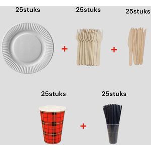 125 stuks wegwerp bestek set bio ( 25 papier borden 20cm - 25 houten messen - 25 houten vorken – 25 Kartonnen rietjes – 25 Kartonnen beker.) Feest / verjaardag / Picknick / Milieuvriendelijk / biologisch afbreekbaar /Wegwerp set