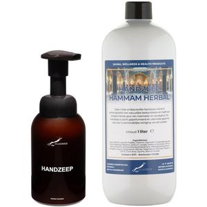 Zeepdispenser 300 ml amber bruin hervulbaar + 1 liter Handzeep Hammam Herbal navulling