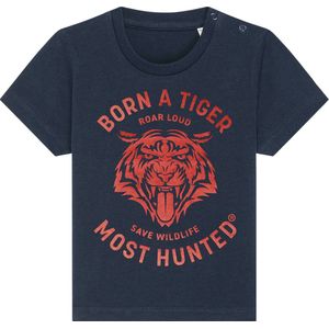 Most Hunted - baby t-shirt - tijger - navy - glanzend rood - maat 6-12 maanden