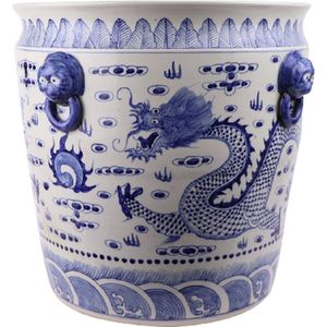 The Ming Garden Collection | Chinees Porselein | Grote Porseleinen Bloempot Met Draak | Blauw & Wit
