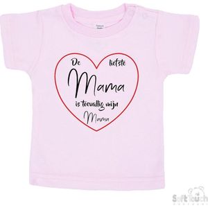 Soft Touch T-shirt Shirtje Korte mouw ""De liefste mama is toevallig mijn mama"" Unisex Katoen Roze/rood/zwart Maat 62/68