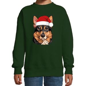 Bellatio Decorations Kersttrui / sweater honden - kinderen - Duitse Herdershond - groen - kerstmuts - Kerstmis 98/104