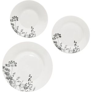 Porseleinen Serviesset Wild Flower 6-persoons 18-delig - Wit/Zwart