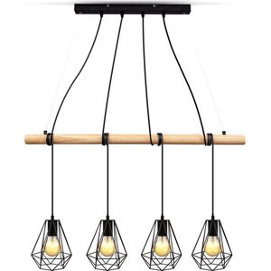 B.K.Licht - Landelijke Hanglamp - metalen - eetkamer - zwart - hout - industriële hanglampen - voor binnen - met 4 lichtpunten - pendellamp - in hoogte verstelbaar - E27 fitting - excl. lichtbronnen