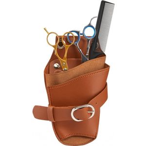 Riemholster voor Kappersschaar – Bruin Kunstleer – Professionele Schaarhouder met Verstelbare Riem – 3 Vakken & 4 Compartimenten