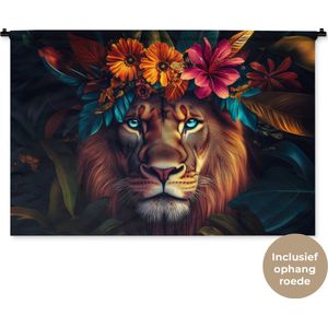 Wandkleed 150x100 cm - Wanddoek Leeuw - Bloemen - Bladeren - Dieren - Kleurrijk - Wandtapijt - Wandkleden