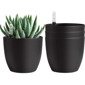 Bloempot zelfwaterend 15 cm waterindicator zwart - set van 4, waterreservoir, plantenbak binnen en buiten