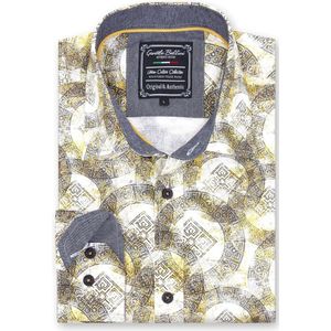 Heren Overhemd - Slim Fit - Greek Ornament - Beige - Maat M