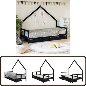 vidaXL Kinderbedframe - 80x200 cm - Grenenhout - Zwart Kinderbed - Houten Bed - Peuterbed - Kids Bed - Huisvormig Bed