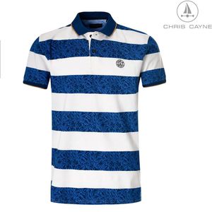 Chris Cayne heren poloshirt - maat M - kleur wit/donkerblauw - polokraag - korte mouw – pique geprint gestreept patroon