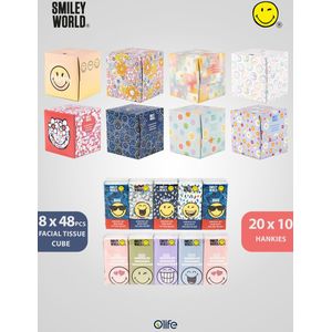 SmileyWorld® Hankie Facial Tissue Mix | Facial Tissue Cube 8 x 48 Sheets, 3-Ply + Hankies 20 x 10 Sheets, 4-Ply