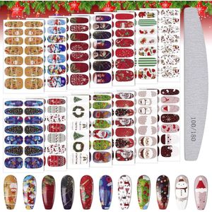EBANKU Christmas Nail Art Stickers Decals, 14 Sheets Christmas Full Wraps Nail Strips 3D Self Adhesive Nail Strips Christmas Tree Snowflakes Decals with Nail File for Nail Design