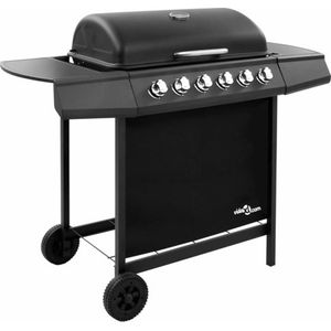 <p>Deze gasbarbecue met 6 branders is perfect voor een gezellig buitenfeest met familie en vrienden. Met deze barbecue creëer je in een handomdraai een knetterende buitenkookervaring in je eigen achtertuin! De gasgrill heeft niet alleen een stijlvol ontwerp, maar is ook zeer functioneel.</p>
<p>Hij beschikt over een groot kookoppervlak en een robuuste kap met een ingebouwde thermometer, zodat je de kooktemperatuur nauwkeurig kunt aflezen. Daarnaast bieden de zijtafels extra werkruimte voor het bereiden van sauzen en bijgerechten. De afneembare vetopvangbak maakt het schoonmaken een fluitje van een cent.</p>
<p>Deze grill is gemaakt van duurzame materialen en het schap onder de barbecue biedt voldoende ruimte om keukengerei en andere kookspullen op te bergen. Dankzij de 2 stevige zwenkwielen is de barbecue eenvoudig te verplaatsen. Bovendien wordt de levering inclusief een barbecuehoes geleverd om je grill te beschermen tegen regen en stof.</p>
<p>Let op: voor het aansluiten van een gasfles op de barbecue heb je een gasslang en een goede drukregelaar nodig. Deze worden niet meegeleverd.</p>
<ul>
  <li>Kleur: zwart</li>
  <li>Materiaal: gepoedercoat staal</li>
  <li>Totale afmetingen: 102 x 55 x 98 cm (L x B x H)</li>
  <li>Vermogen: 12,0 kW (13.648 BTU)</li>
  <li>Grillplaat: 63,5 x 37,5 cm</li>
  <li>Kookhoogte: 82 cm</li>
  <li>Met 6 branders</li>
  <li>Piëzo-ontsteking</li>
  <li>Geïntegreerde thermometer voor accurate temperatuurweergave</li>
  <li>Afneembare vetbeker</li>
  <li>Een schap voor het opbergen van accessoires</li>
  <li>Stevige zwenkwielen voor meer mobiliteit</li>
  <li>Met een barbecuehoes om de barbecue te beschermen tegen regen en stof</li>
  <li>Montage vereist</li>
  <li>PAS OP: plaats NOOIT gasflessen in de opbergkast of onder de BBQ</li>
</ul>