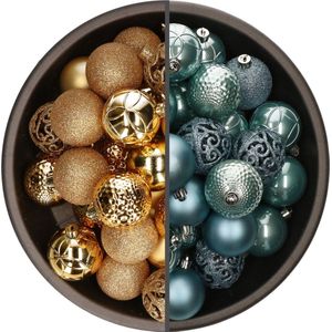 Bellatio Decorations Kerstballen mix - 74-delig - ijsblauw en goudkleurig - 6 cm - kunststof