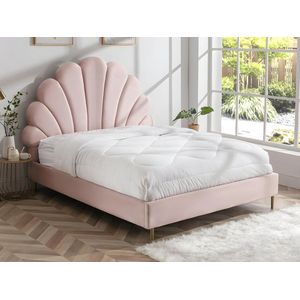 Bed met hoofdeinde in schelpvorm - 160 x 200 cm - Fluweel - Roze - LIVAYA L 187 cm x H 150 cm x D 215 cm