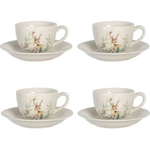 HAES DECO - Kop en Schotel set van 4 - inhoud 200 ml - kleuren Wit / Beige / Groen - Bedrukt Keramiek met Hert en Bloemen - Theeservies, Koffieservies, Kerstservies, Theekoppen, Koffiekoppen