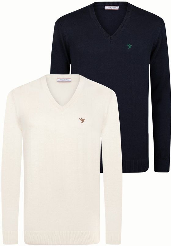 Felix Hardy Sweater Met V-Hals - 2 Pack Trui - 100% Katoen Heren Ecru-Navy - 2Xl