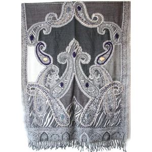 Geborduurde dames sjaal - winter - wol - licht grijs - midden grijs - creme - 70 x 180 cm