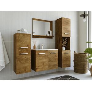 Hangend badkamermeubel – Donkere houtlook – Met enkele wastafel, kolomkast en spiegel – 60 cm – MIELA II L 60 cm x H 47 cm x D 46 cm