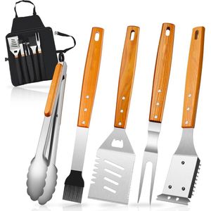 BBQ Set - BBQ Accesoires - BBQ Gereedschap - 5-delig BBQ Set - 4-in-1 Spatel - BBQ Tang - Grillbestek-set - Houten Handgrepen