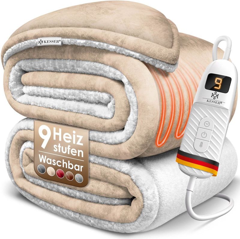 KESSER® Elektrische Warmtedeken | elektrisch verwarmingsdeken met timer automatische uitschakeling | knuffeldoek | 9 temperatuurstanden | wasbaar tot 40°C | digitaal display - 160x120cm - Beige