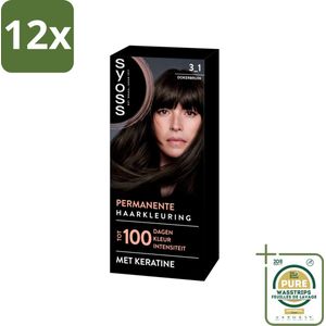 SYOSS - Permanent Coloration 3-1 - Haarverf - Permanente Haarkleuring - Donkerbruin - Grijsdekking - Voordeelverpakking - 12 stuks - Grijsdekking - Keratine