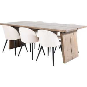 Logger eethoek eetkamertafel uitschuifbare tafel lengte cm 210 / 310 rokerig eik en 6 Velvet eetkamerstal velours beige, zwart.