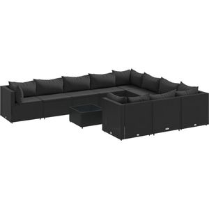 vidaXL - 11-delige - Loungeset - met - kussens - poly - rattan - zwart