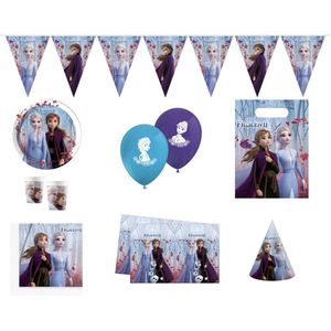 Disney - Frozen - Feestpakket - Versiering - Verjaardag - Kinderfeest - Ballonnen - Vlaggenlijn – Tafelkleed – Feesthoedjes - Uitdeel zakjes - Bordjes - Bekers - Servetten.