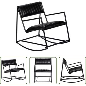 vidaXL Leren Fauteuil - Schommelstoel - Schommelstoel echt leer zwart - Zwarte Schommelstoel - Lounge Stoel - Relaxstoel