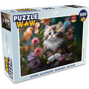 Puzzel Kitten - Illustratie - Bloemen - Natuur - Kat - Legpuzzel - Puzzel 500 stukjes