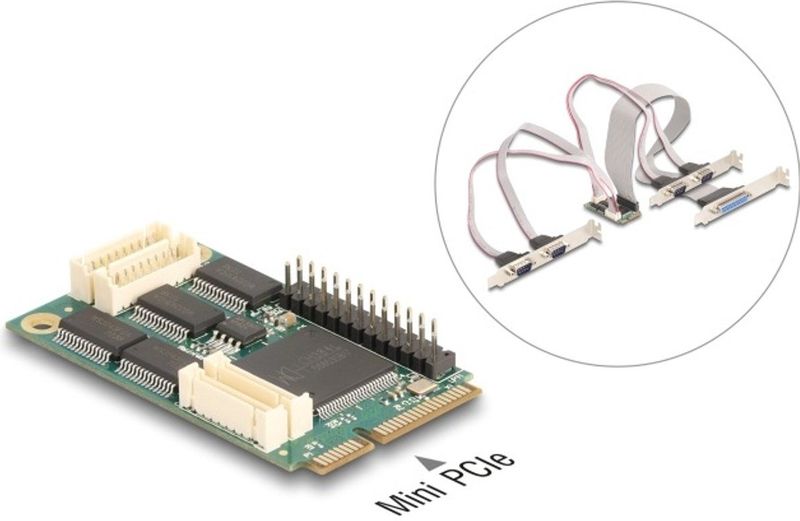 Delock - Mini PCIe I/O Controlekaart - 4 x Seriële RS-232 - 1 x Parallelle D-Sub