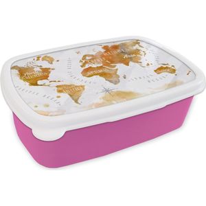 Broodtrommel Roze - Lunchbox - Brooddoos - Wereldkaart - Bruin - Verf - 18x12x6 cm - Kinderen - Meisje
