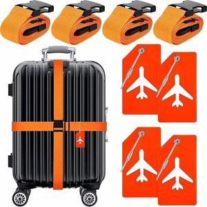 Kofferriem en naambordje in set (elk 4 stuks)- bagageband omvang tot 1,82 m - kofferbord van siliconen - Kofferriem met bijpassend naamplaatje - 97cm-182cm - Oranje