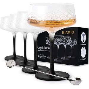 280 ml Coupe Glazen Set van 4 met Barlepel, Handgemaakte Kristallen Cocktailglazen met Zwarte Steel, Cocktailglazen, Martini Glazen, Champagne Coupe Glazen - Crystaluna Collectie