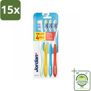 15 x Jordan Tandenborstel Total Clean Soft 4-pack 4 stuks per verpakking - Grootverpakking - Tandenborstel - Tanden Poetsen - Mondverzorging - Tandenborstel Set - Tandenborstel Zachte Haren