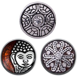 Quiges - Chunk 18mm Click Button Drukknoop Boeddha Set van 3 Stuks Bruin met Zirkonia & Mandala - EBCMSET021