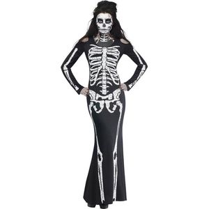 PartyXplosion - Spook & Skelet Kostuum - Lange Skelet Jurk Vrouw - Zwart / Wit - Medium / Large - Halloween - Verkleedkleding