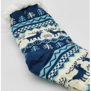 Merino schapen Wollen sokken - Blauw met Dennenboom - maat 39/42 - Huissokken - Antislip sokken - Warme sokken – Winter sokken