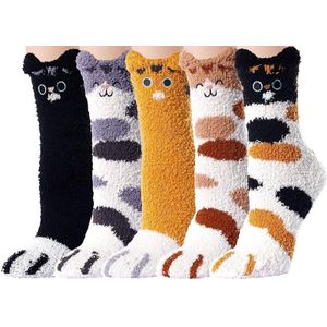 Fluffy Sokken Dames - 5 paar - huissokken - leuke print kat met ogen - bruin - zwart - grijs - wit - 36 - 40 - cadeau voor haar - geschenk vrouwen - Kerst cadeau - verjaardagscadeau