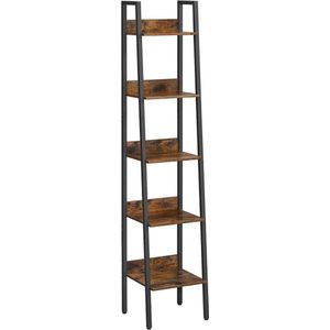 Boekenkast, Ladder Plank Met 5 Planken, Open, Vloer Plank, Smal, Voor Woonkamer, Slaapkamer, Keuken, Kantoor, Metalen Frame, İndustrieel Ontwerp, Vintage Bruin-Zwart