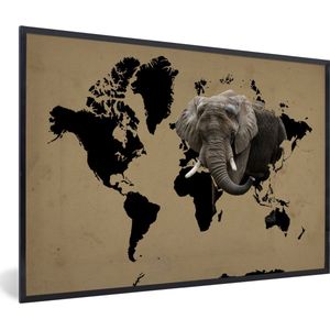 Fotolijst incl. Poster - Wereldkaart - Zwart - Olifant - 120x80 cm - Posterlijst