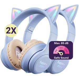 HappyCase Popz - Duo Pack Kinder Koptelefoon Draadloos - Kattenoortjes - Koptelefoon Voor Kinderen - Ledverlichting - Ingebouwde Microfoon - Over-Ear - 85db volumebregrenzer - Bluetooth - Paars